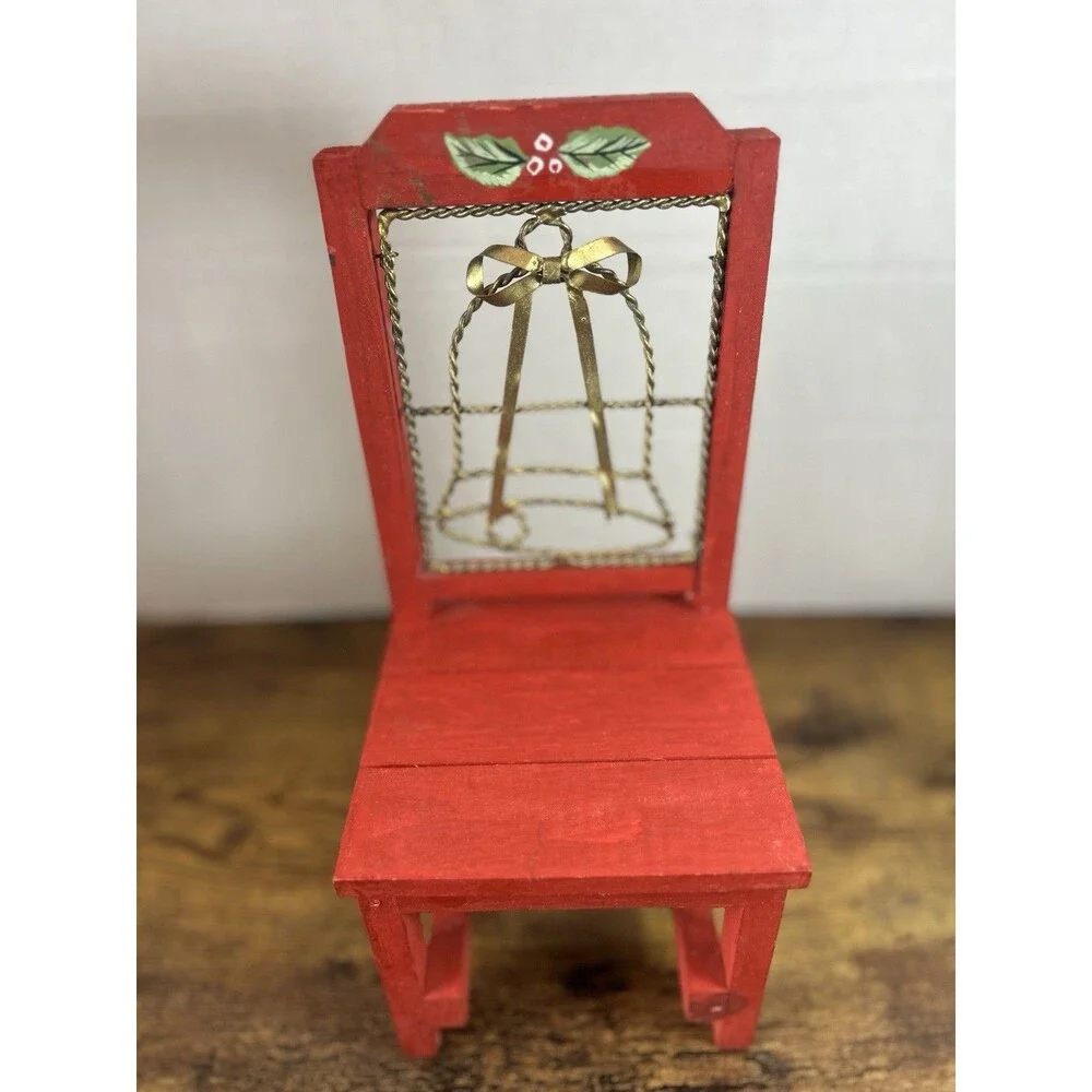 Vtg Red Wooden Christmas Chair Display Stand Bell Planter Holiday Decor Accent